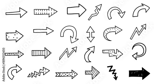 Various hand-drawn arrow illustrations in a diverse array of styles and directions, perfect for visual communication needs. Each arrow points in a unique direction