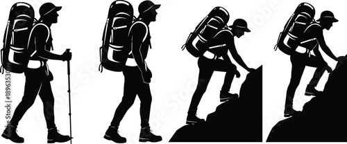 Backpacker and hiker silhouettes with trekking backpacks climbing and walking isolated on white background for adventure, travel, outdoor, and exploration concepts