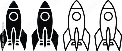 Rocket Ship Vector Clipart Set Solid and Outline Styles