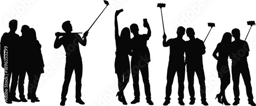 Group of people silhouettes taking selfies with smartphones and selfie sticks, modern social media lifestyle, friendship moments, black isolated vector illustration