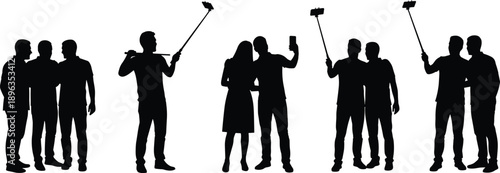 People silhouettes taking selfies with smartphones and selfie sticks, social media lifestyle, friendship moments, modern communication, black isolated vector illustration