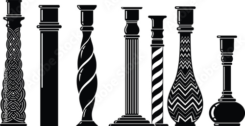 Ornamental column silhouettes set with classical architectural pillars, decorative patterns, vintage interior design elements, elegant black isolated vector illustration