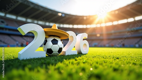 Sunlit stadium with vibrant green pitch, giant white “2026” in the foreground, the zero replaced by a sombrero‑topped soccer ball, radiating World Cup excitement and cultural pride.
