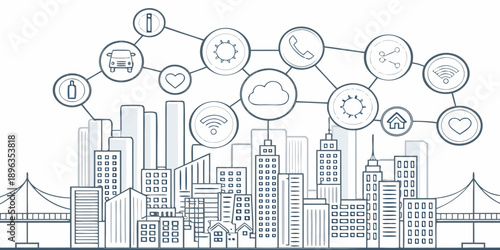 Smart city network illustrated with connected icons over a cityscape