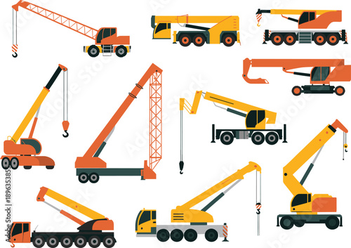 Construction crane vehicles vector illustration set with mobile tower truck cranes heavy lifting machinery for industrial building engineering projects worldwide