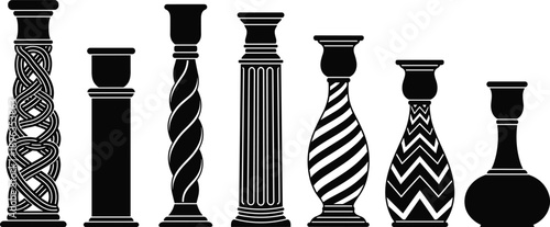 Decorative column silhouettes collection featuring classical architectural pillars, ornate patterns, vintage interior elements, elegant black isolated vector illustration set