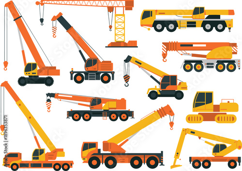 Construction crane vehicles vector illustration collection featuring mobile tower truck crawler cranes heavy lifting machinery for industrial building engineering projects