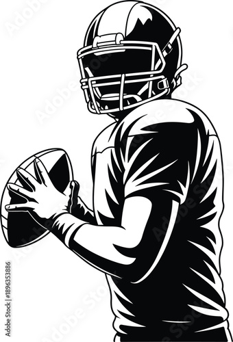 American football player in uniform holding a football with helmet and facemask on white background Keywords: american football, player, sport, game, athlete, uniform, helmet, facemask