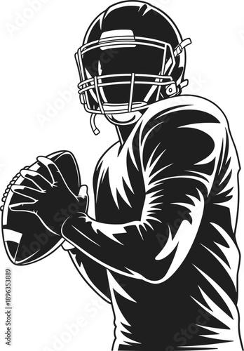 American football player in uniform holding a football with helmet and facemask on white background Keywords: american football, player, sport, game, athlete, uniform, helmet, facemask
