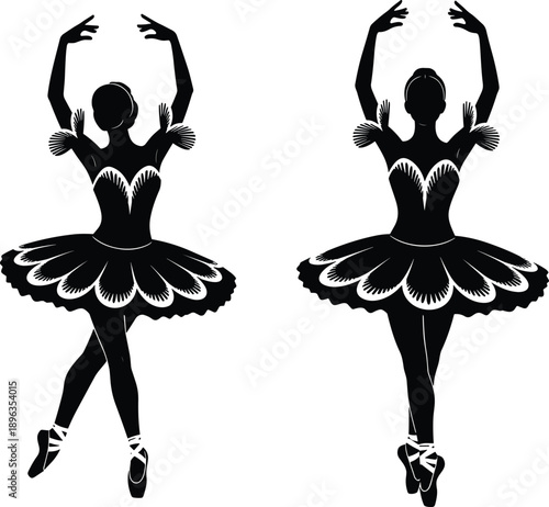 Ballet dancer silhouette pair showing classical ballerinas in symmetrical elegant poses, tutu costumes, graceful performance, black isolated vector illustration