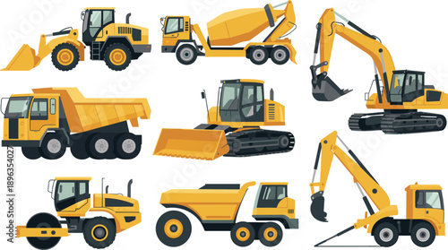Construction heavy machinery vehicles set illustration including excavator bulldozer dump truck loader roller concrete mixer isolated white background vector design