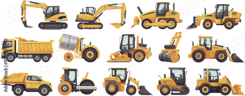 Construction heavy machinery vehicles set including excavator bulldozer loader dump truck road roller isolated vector illustration collection