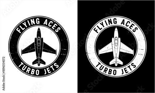 Flying Aces Turbo Jets Vintage Emblem Design with Jet Aircraft.