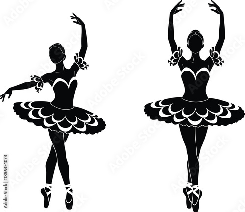 Ballerina silhouette set featuring classical ballet dancers in elegant poses, tutu skirts, graceful movements, artistic black vector illustration