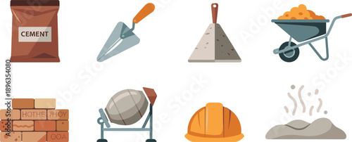 Construction tools and materials flat icons set with cement bag trowel bricks mixer wheelbarrow helmet vector illustration for building industry