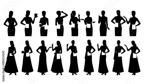 Waitress silhouette vector set with serving poses isolated on white background