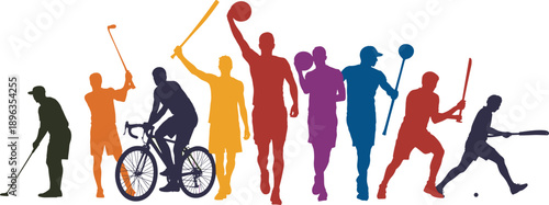 Diverse group of athletes in colorful silhouettes engaged in various sports activities on a white background