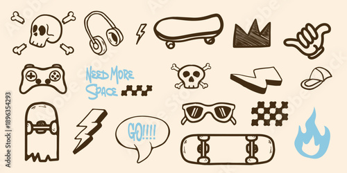 Cool skateboard and gaming doodle vector set for stickers, t-shirts, posters, and other uses.