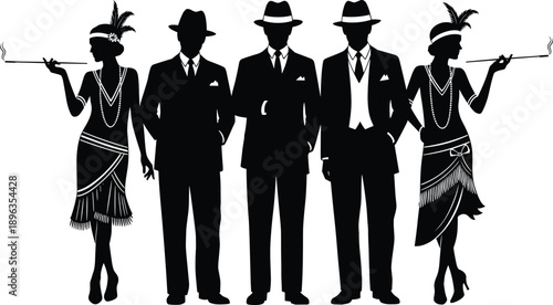 Roaring twenties gangster and flapper silhouette group with vintage smoking poses, elegant fashion, retro noir style black vector illustration