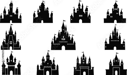 Fantasy castle silhouettes collection with medieval fairytale fortresses, towers, flags, magical kingdom architecture, black isolated vector illustration set