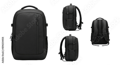 Collection of modern waterproof travel bag angles including profile and straps isolated