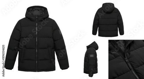 Collection of warm winter outerwear angles including zipper detail and profile isolated