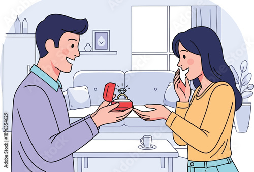 Man proposing to surprised woman with diamond ring vector flat art