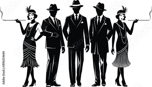 1920s gangster and flapper silhouettes set featuring vintage fashion characters, smoking poses, retro style, classic noir black vector illustration