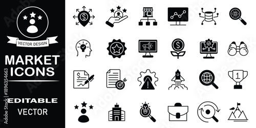 Market icons set. Data analytics, stock market, market trends, branding, budget, sales, and more. Simple glyph color vector.
