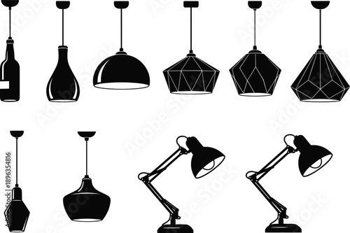 Collection of Modern Hanging Pendant Lamps and Adjustable Desk Light Silhouettes Isolated on White Background for Interior Design Furniture Catalog and Home Decor Projects