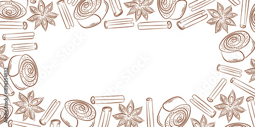 Border pattern with cinnamon roll, stick and star anise in line art style. Hand drawn illustration isolated on white background for bakery packaging, menu and holiday design.