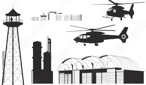 Industrial and Military Infrastructure Silhouette Set Featuring Guard Tower, Transport Helicopters, Storage Silos, Large Hangar, and Security Fencing Vector Graphics