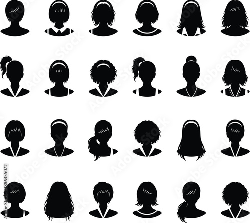 Set of twenty-four black female avatar silhouettes with diverse hairstyles and necklines for profile icons, web design, and social media.