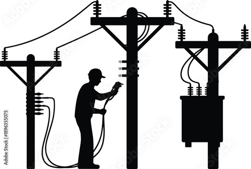 Silhouette of an electrician connecting cables to a transformer on a utility pole with another pole nearby Keywords: electrician, utility pole, electricity, transformer, power line