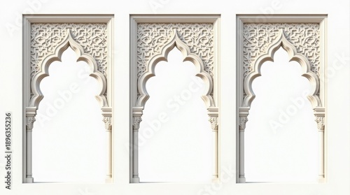 Three ornate arches with intricate carvings on a white background