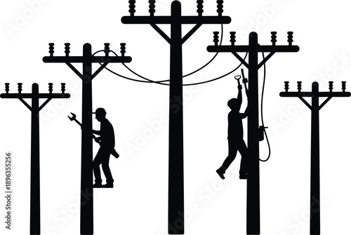 Silhouettes of linemen working on utility poles with tools on a white background electricity power lines