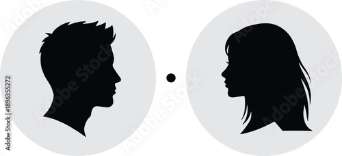 Silhouette profiles of a man and woman facing each other with a central point symbolizing connection, communication, and human relationships.