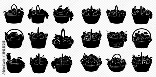 Set of fruit baskets silhouettes, vector illustration of various fruits in baskets, healthy food concept, harvest time.