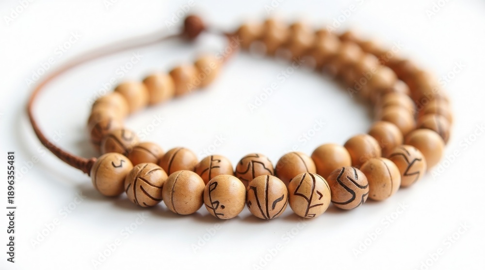 Obraz premium A close-up view of a wooden beaded bracelet on a white surface