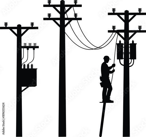 Silhouettes of utility poles, one with a transformer and another with a lineman on stilts working on wires Keywords: utility pole, lineman, electricity, transformer, power line, worker