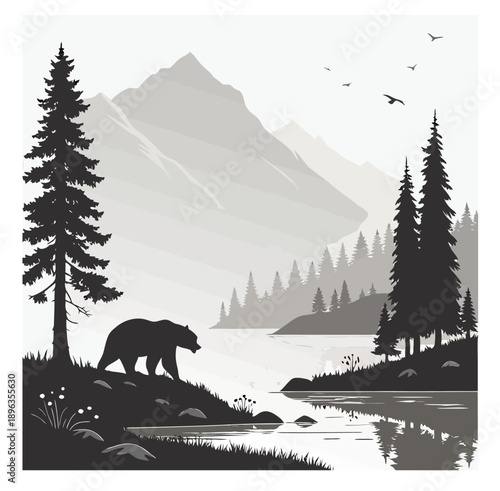 A majestic bear wanders along a serene lake shoreline surrounded by tall trees and majestic mountains in the distance viewed from a serene landscape