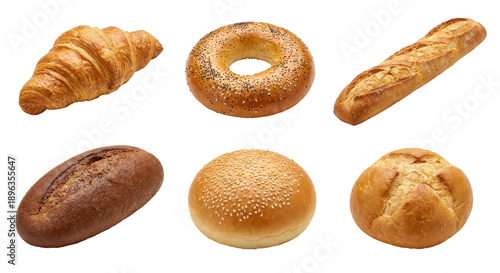 Collection of baked goods including croissant bagel baguette and buns isolated