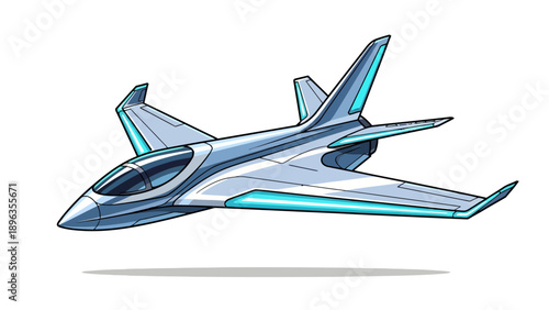 Futuristic light blue jet aircraft with cyan accents on white background
