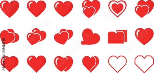 Set of red heart icons in multiple styles including layered outline and solid romantic vector symbols isolated