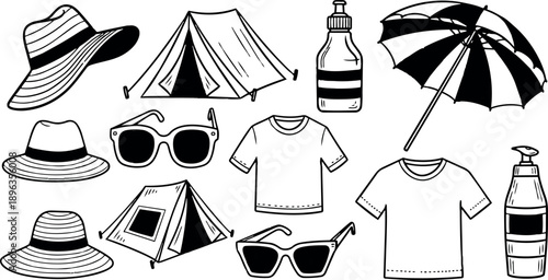 Black and white line art summer camping gear set with hats sunglasses tents shirts sunscreen bottles umbrella