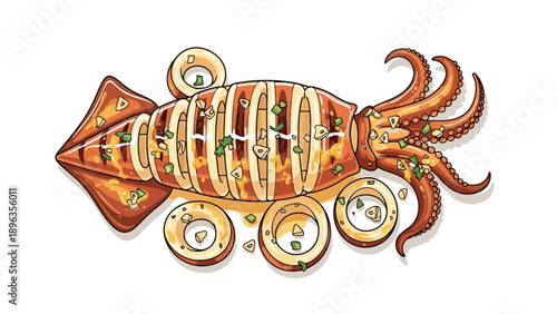 Grilled squid with rings and chopped herbs on white background