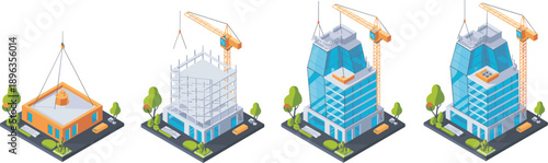 Isometric building construction stages illustration showing crane skyscraper development process flat vector for architecture engineering real estate projects urban design