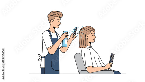 Hairdresser sprays clients hair while combing it