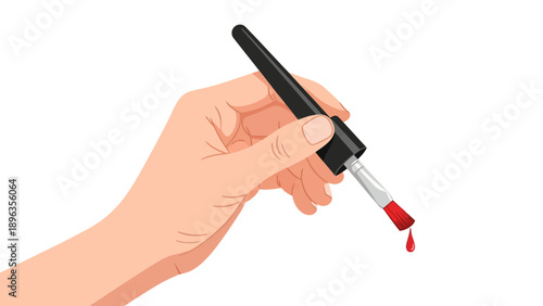 Hand holding a brush with a red drop of liquid falling