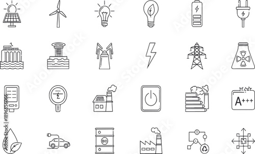 Print Sustainable Energy and Power Infrastructure Line Icon Set Featuring Renewable Resources Industrial Power Plants and Energy Rating Symbols